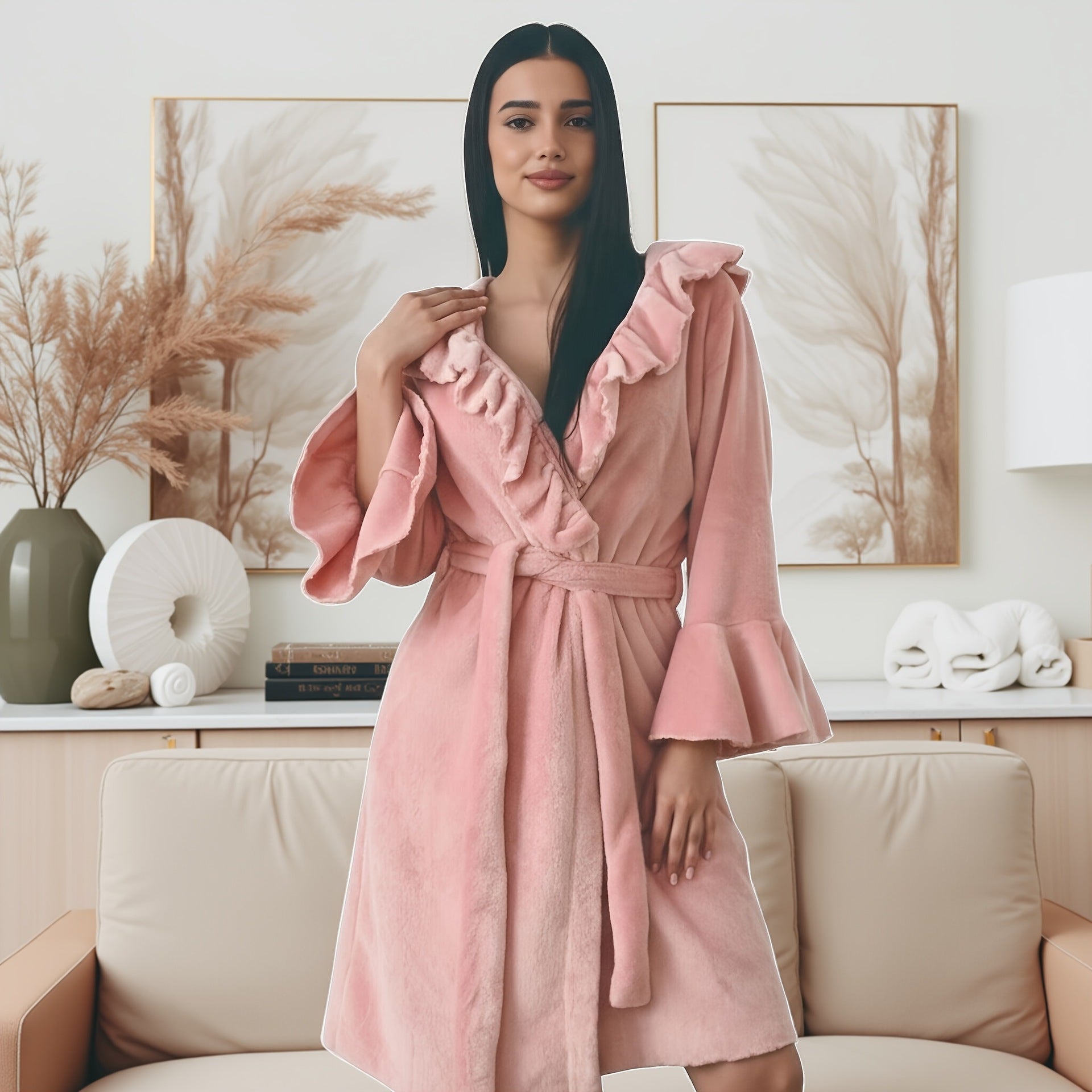 Ruffle Trim Plush Robe